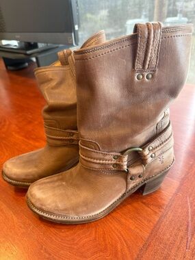 Frye Brown Leather Harness Mid-Calf Heeled Boots